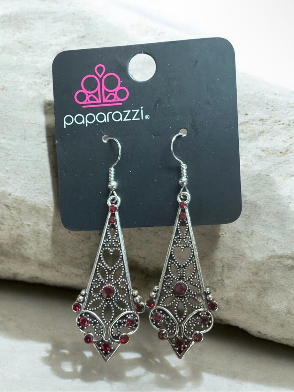 Paparazzi Silver Tone Filigree Teardrop Earrings with Red Stones